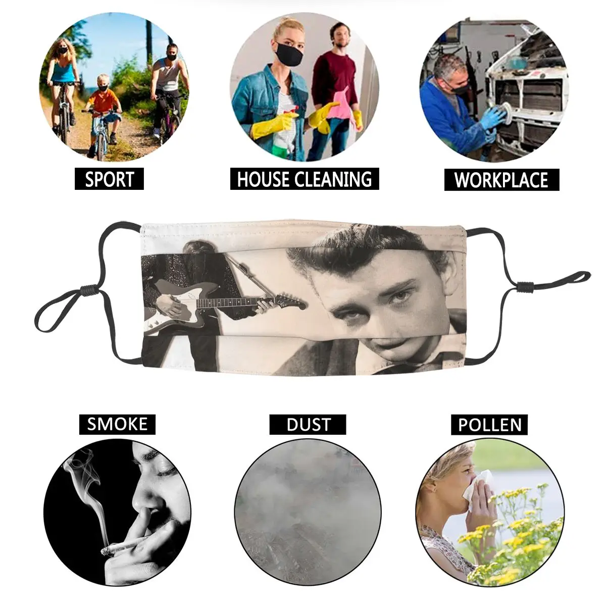 

Star Johnny Hallyday Washable Face Mask French Rock Singer Mask Men Women Anti Haze Protection Cover Respirator Mouth Muffle