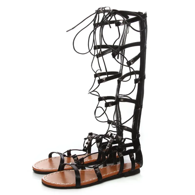

COOLULU Women Gladiator Knee High Sandals Lace Up Open Toe Rome Sandals Ladies Summer Shoes Flats Sandals Casual Size 34-46
