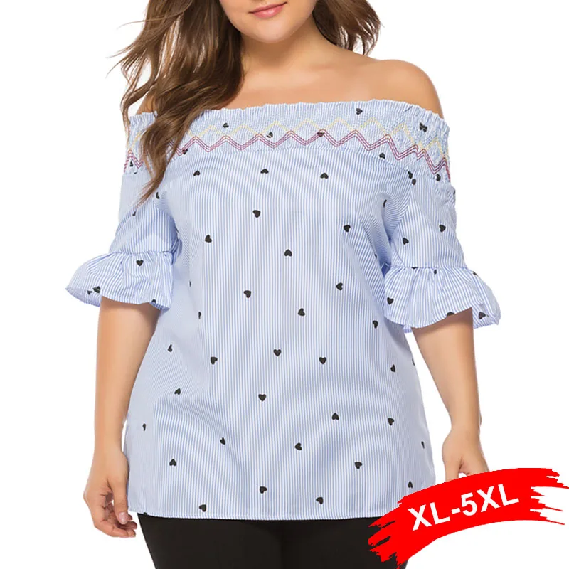 Женские блузки в полоску с оборками размера плюс 3XL 5XL открытыми плечами и
