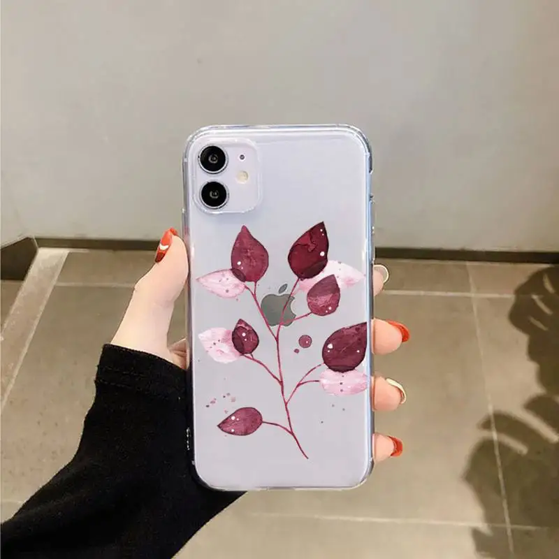 

Cute pink leaves Phone Case Transparent soft For iphone 5 5s 5c se 6 6s 7 8 11 12 plus mini x xs xr pro max