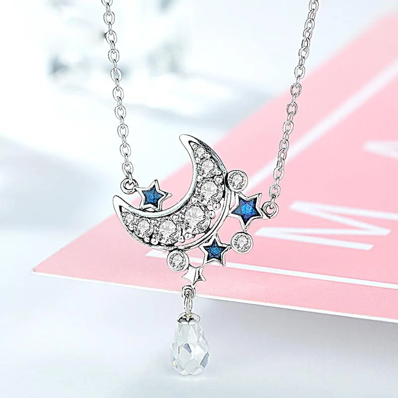 Женское ожерелье из серебра 100% пробы с подвеской в виде Луны и звезды|Ожерелья| |