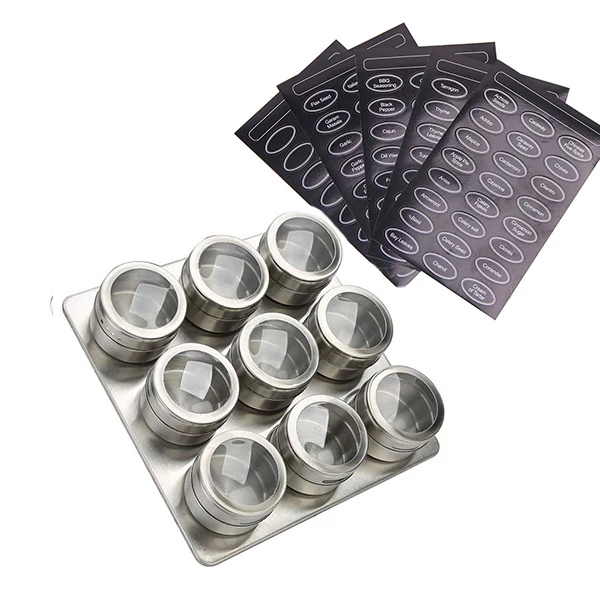 9pcs 6/9/12 шт Магнитный емкости для хранения специй Нержавеющая сталь соль банки перец шейкеры специи стойка для банок органайзеры контейнер с базой этикетки - Цвет: 9pcs