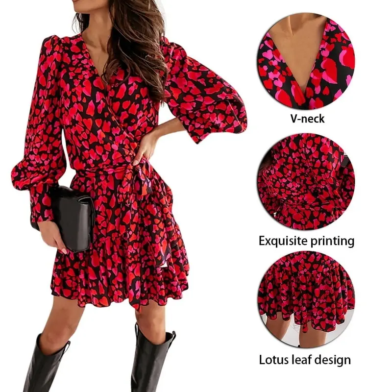 

2021 Spring Women Dress Long Lantern Sleeve Floral Print Wrap Elegant Ruffles V Neck Party Dresses Female A Line Vestido