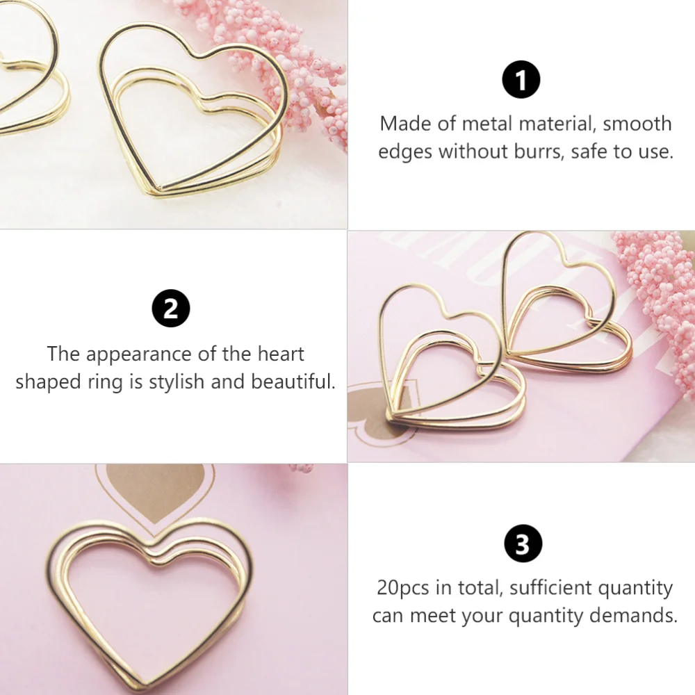 

20pcs Creative Love Shape Memo Clips Table Name Cards Holders for Decor (Golden)