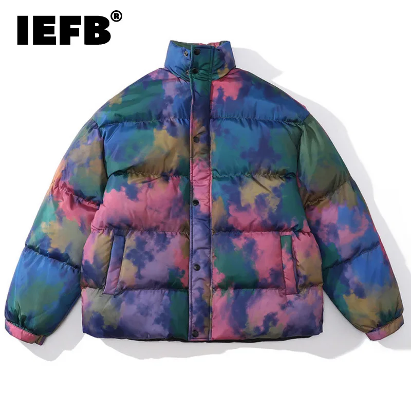 

IEFB Menswear Fashion Tie Dye Cotton Jacket Men's Winter 2021 New Loose Stand Callor Zipper Thickening Warm Streetwear Coat Tide