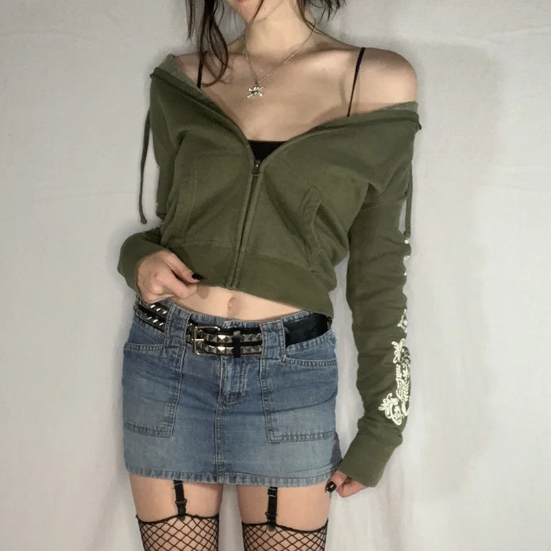 

90s Aesthetics Retro Art Print Long Sleeve Cropped Tops Y2K Vintage Streetwear Zipper Hoodies Grunge Punk Outerwear Slim