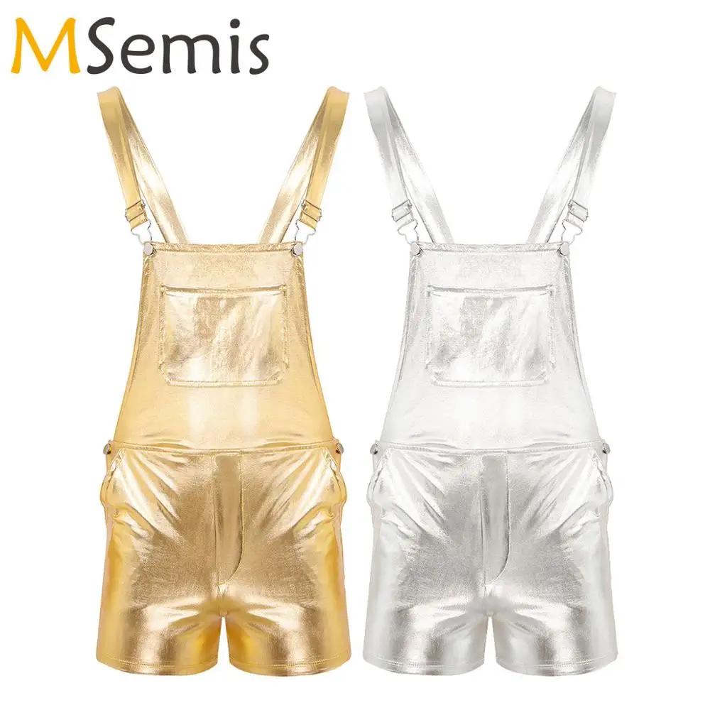 

Мужские блестящие металлические шорты на подтяжках, экзотический комбинезон на лямках, популярные штаны, Регулируемые Широкие бретельки, цельные штаны, клубная одежда