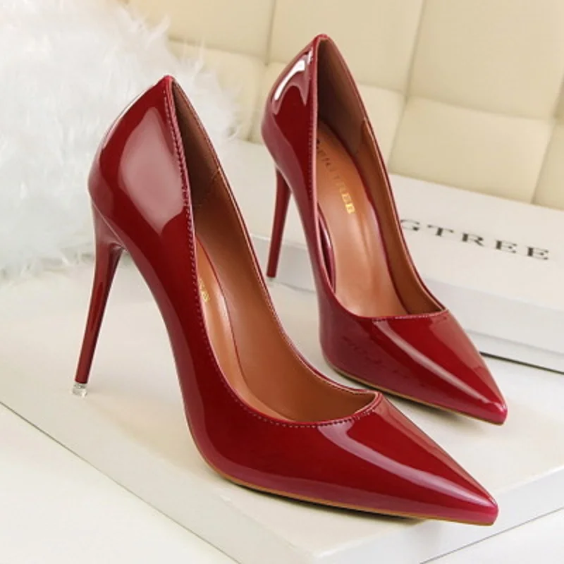 

Spring and autumn patent leather pointed head ladies high heels shallow mouth stiletto nightclub sexy black women's shoes