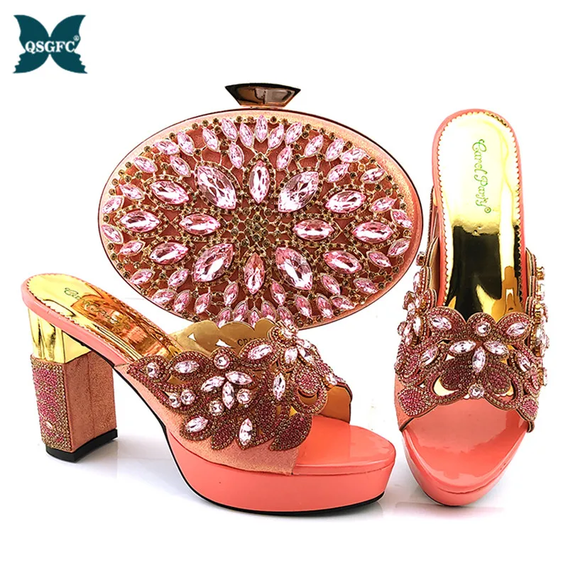 

New Arrival African Women Shoes And Bag Set For Party Peach pink Color High Heels Sandals Sequin Slingback Shoes Lady Wedding