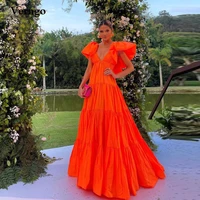 verngo fashion bright orange long prom dresses deep v neck short sleeves floor length evening gowns women party dress