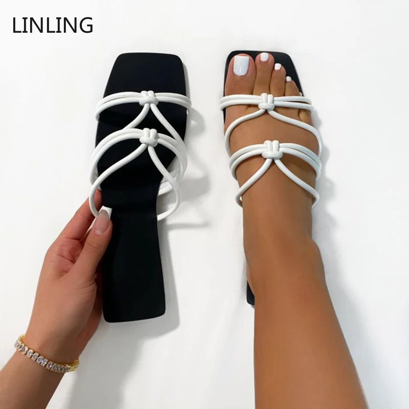 

2021 Designer Women's Knot Slippers Women Fashion Slieds Casual Square Toe Ladies Flats Beach Female Sandalias Woman Shoes