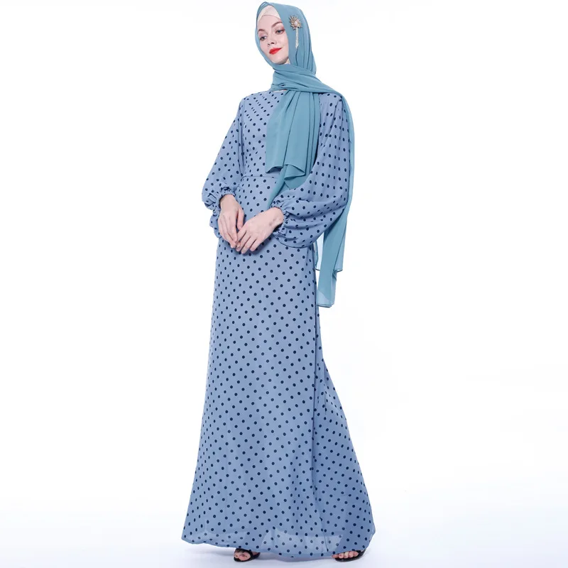 Мусульманское платье в горошек, повседневное базовое длинное платье, женский халат с рукавами-фонариками, мусульманская мода, абайя, Дубай, ...