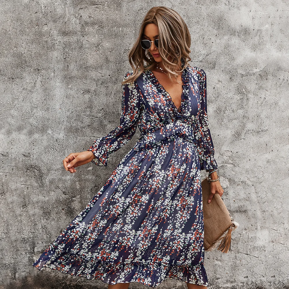 

Ladies Vintage Sexy Print Chiffon Dress Women Spring Autumn Casual Ruffles High Waist Bohemian Beach Women Dress Female Vestidos