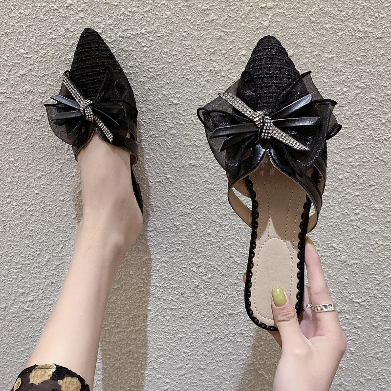 

Female Shoes Cover Toe Mules For Women 2021 Ladies' Slippers Glitter Slides Fashion Butterfly-Knot Low New Jelly Luxury Flat But