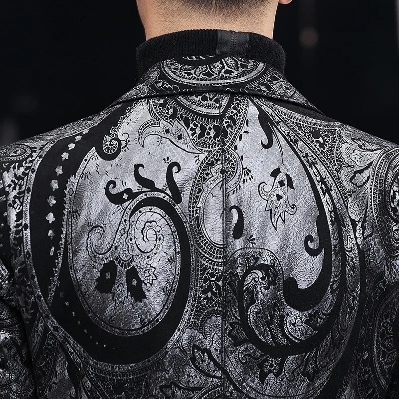 

Top Brand Genuine Leather Sheepskin Personality Printed Mens Blazers Long Sleeve Single Breasted Slim Casual Blazer Plus Size
