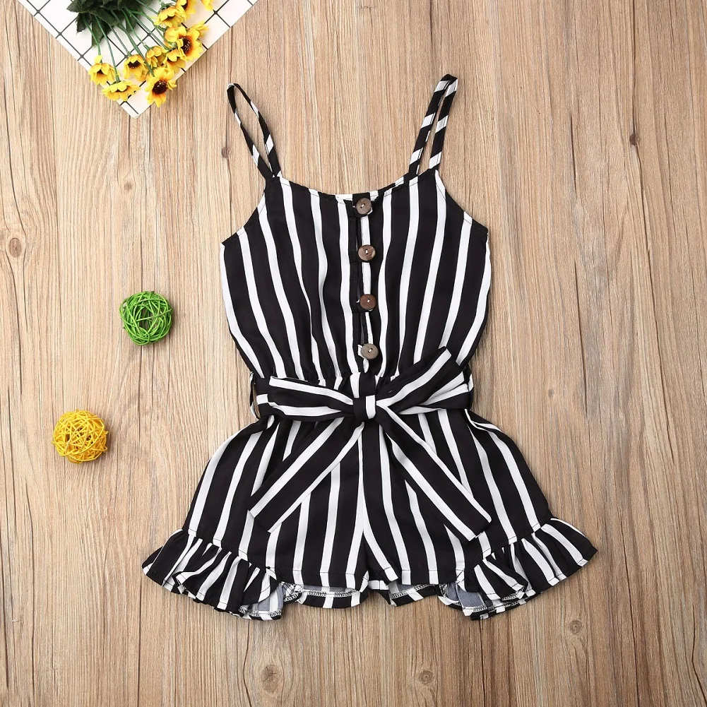 

Baby Girls Fashion Striped Ruffled Jumpsuits 3-8Y Kids Children Summer Casual Sleeveless Sling Rompers Playsuits Overalls 2021