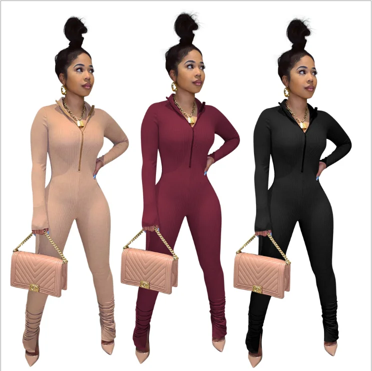 

2020 Woman Elegant Slim Fit Elastic Jumpsuit Autumn Casual Zipper Up Stacked Draped Pleated Bodysuit High Street Body Mujer Hot
