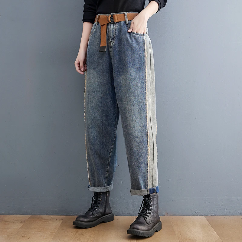 Autumn Winter Casual Jeans Boyfriend Femme Loose Wide Leg Plus Size Mom Baggy Jeans Women Belt Patchwork Streetwear Denim Pants