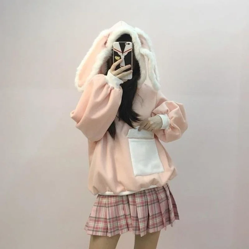 

HOUZHOU Kawaii Bunny Hoodie Harajuku Japanese Soft Girl Autumn Winter Warm Cute Rabbit Ears Pullovers Women Oversize Thick Teens