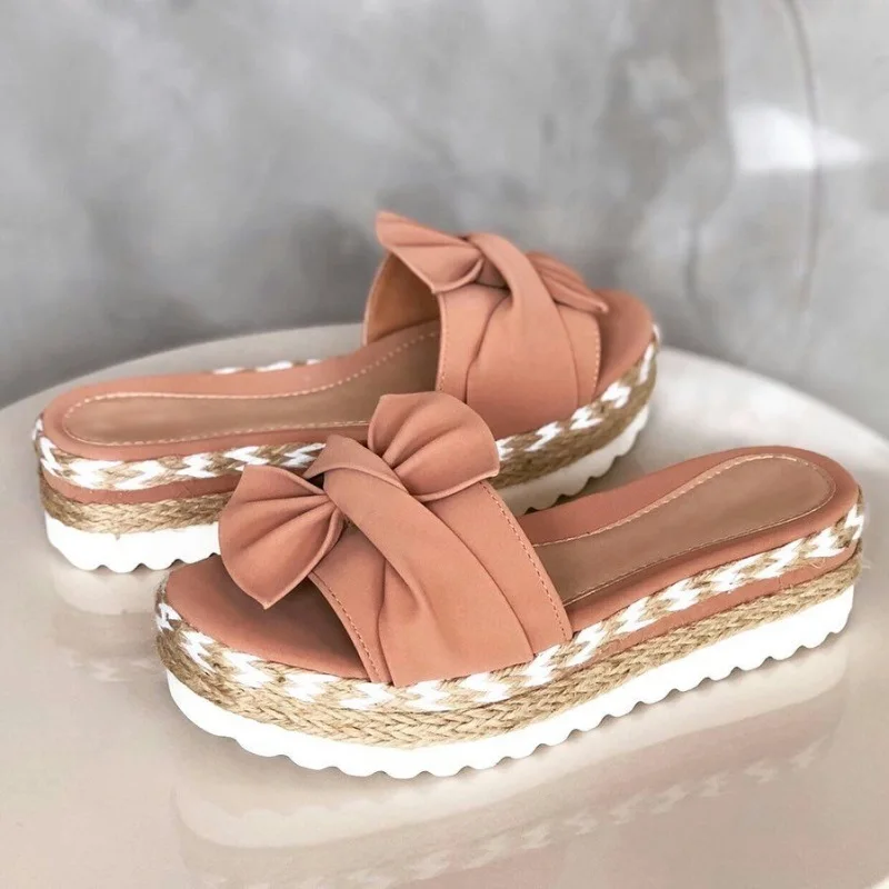 

2020 new summer women's slippers bowknot platform sole sandals bowknot slippers flat beach shoes