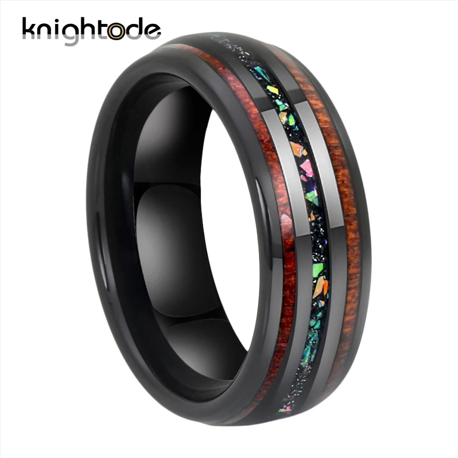 8mm Black Tungsten Carbide Wedding Rings Fire Opal/Hawaii Koa Wood Inlay For Men Women Party Jewelry Domed Polishing Comfort Fit