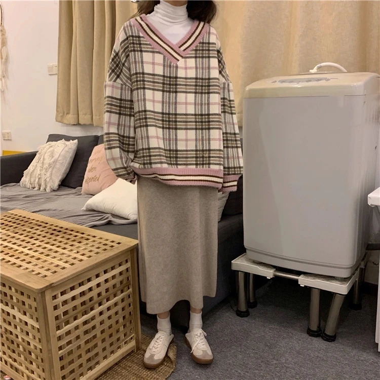 

Women Pullover College Style Sweater with Plaid Pattern,2021 New Fashion Casual V-neck Loose Version Spring and Autumn Clothing