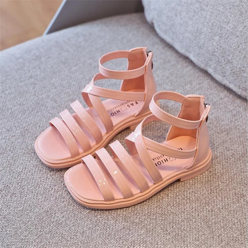 

JY Summer Children Girls Roman Zipper Sandal Girl Flat shoe 26-36 Pink Black Beige TL-803 TX07