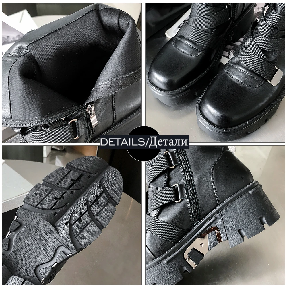 

WETKISS Genuine Leather Ankle Boots Woman Wedges Shoes Square Toe Strappy Booties Platform Zip Motorcycle Boot Thick Sole 2021