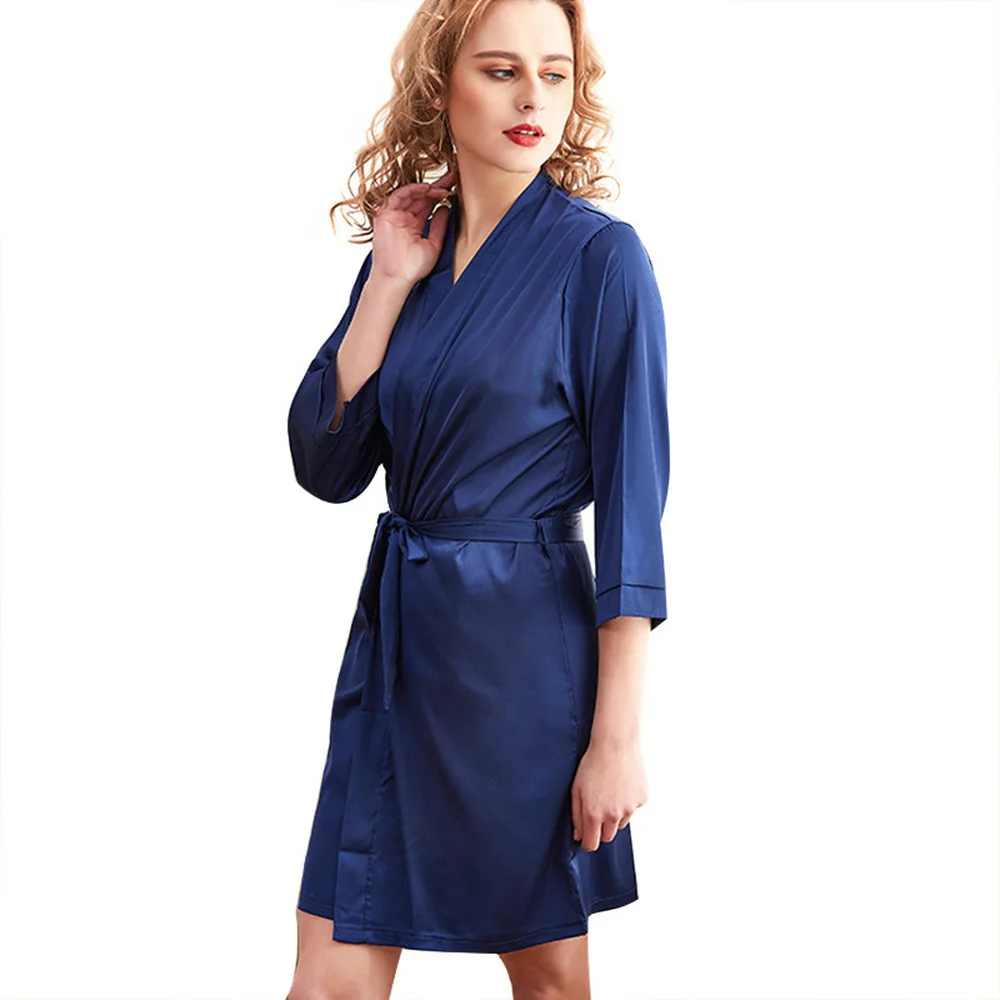 

New Bathrobe Viscose Fiber Cardigan Nightdress Silk Largesize Women 's Home Seven-quarter Sleeve Long Nightgown Robe Satin Solid