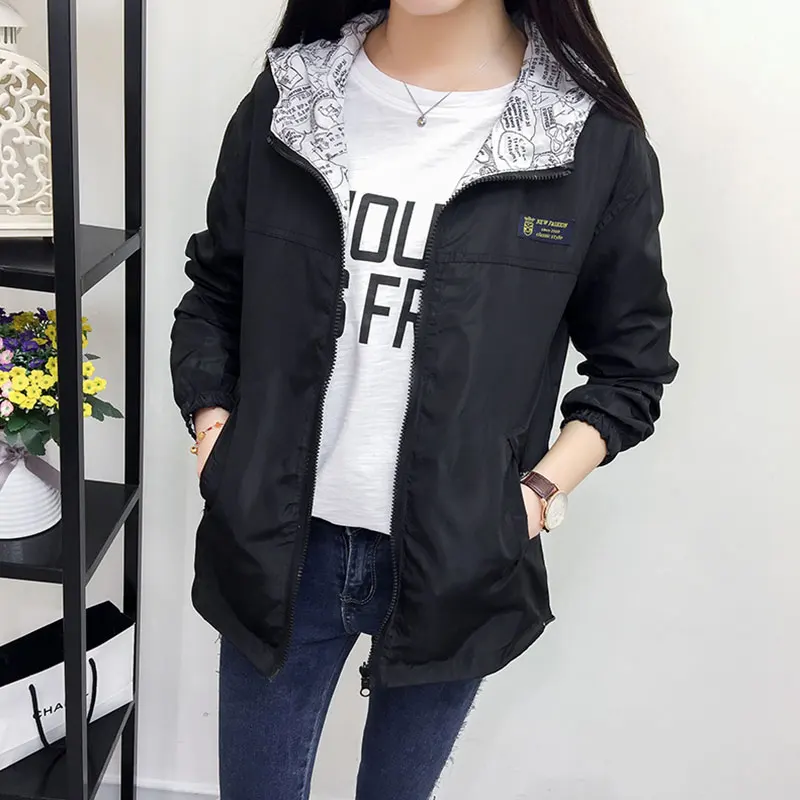 

Spring Autumn Fashion women Bomber women Jacket Pocket Zipper Hooded Two Side Wear Outwear Loose Plus Size Windbreaker Famale
