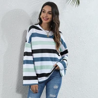 2022 women round neck striped printed t shirt spring long sleeve t shirt fall casual loose tops female flared sleeve pullover