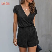 lus chic summer women lace short sleeve v neck solid playsuits casual mini jumpsuits loose fitted romper comfy plain slimming
