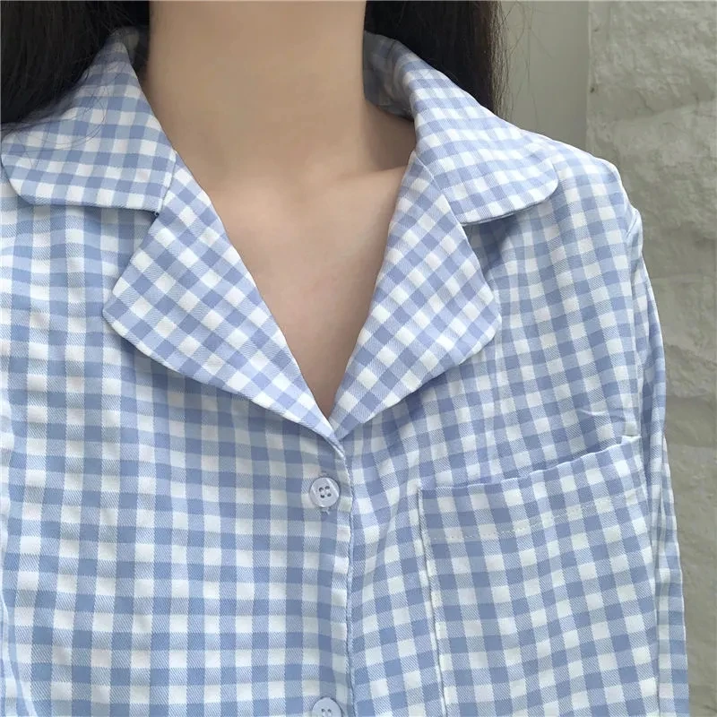 CAIYIER Cute Grid Girls Pajamas Set Korean Autumn Winter New Long Sleeve Leisure Sleepwear Women Loose Nightwear Homewear Suit