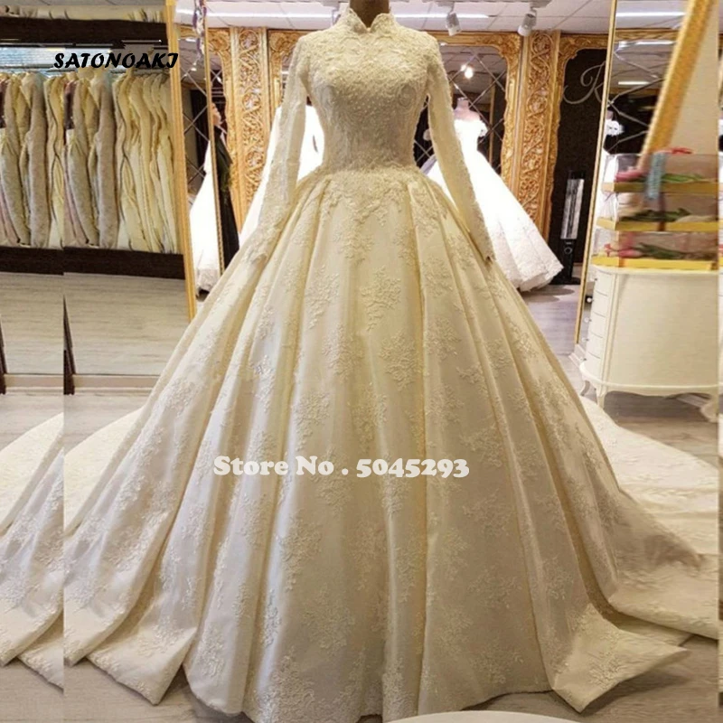 

Vestidos De Noiva Long Sleeves High Neck Ivory Wedding Dress with Lace Appliqued Bridal Gown Corset Robe Mariage Undefined India