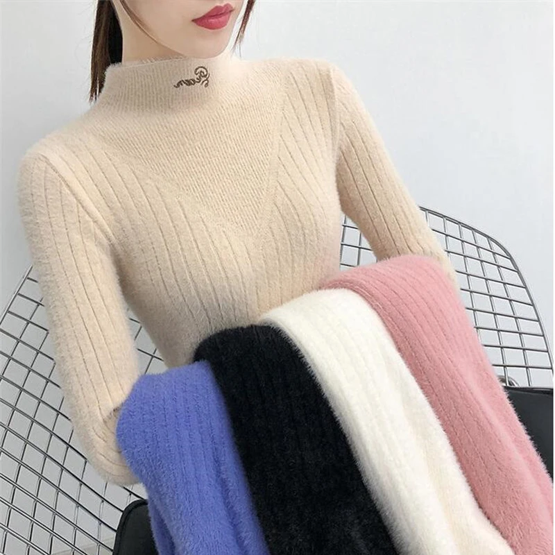 Женский кашемировый свитер с имитацией норки Осень-зима 2020 высоким воротником