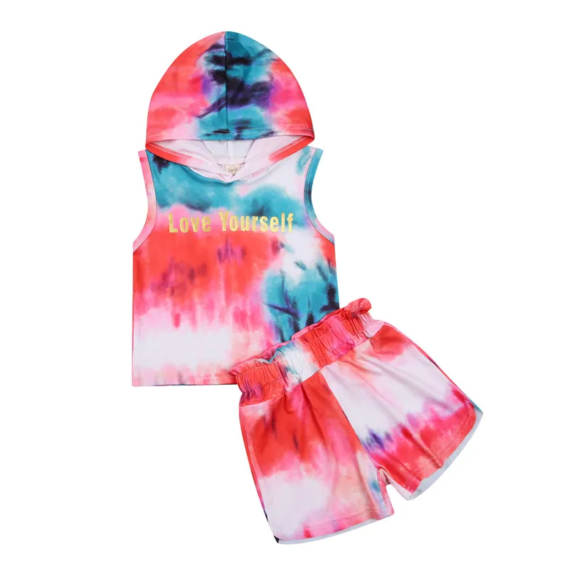 

1-5T Kid's Fashion Suit, Kids Hooded Vest, Shorts Suit, V Neck No-Sleeve Casual Dye Printed Thin Loose Unisex Blouse