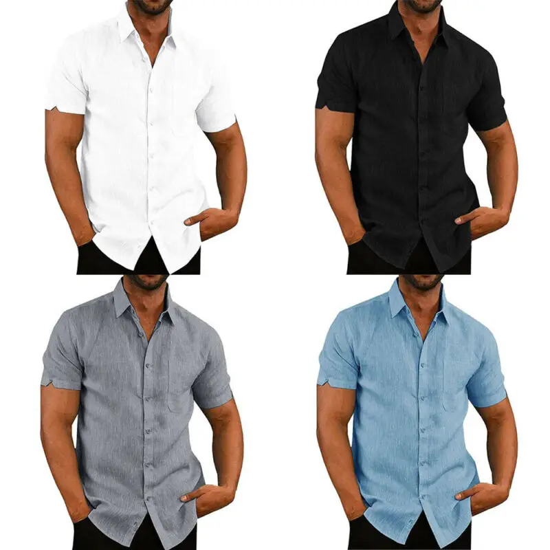 

Mens Linen Blouse Short Sleeve Baggy Buttons Summer Solid Comfortable Pure Cotton and Linen Casual Loose Holiday Shirts Tee Tops