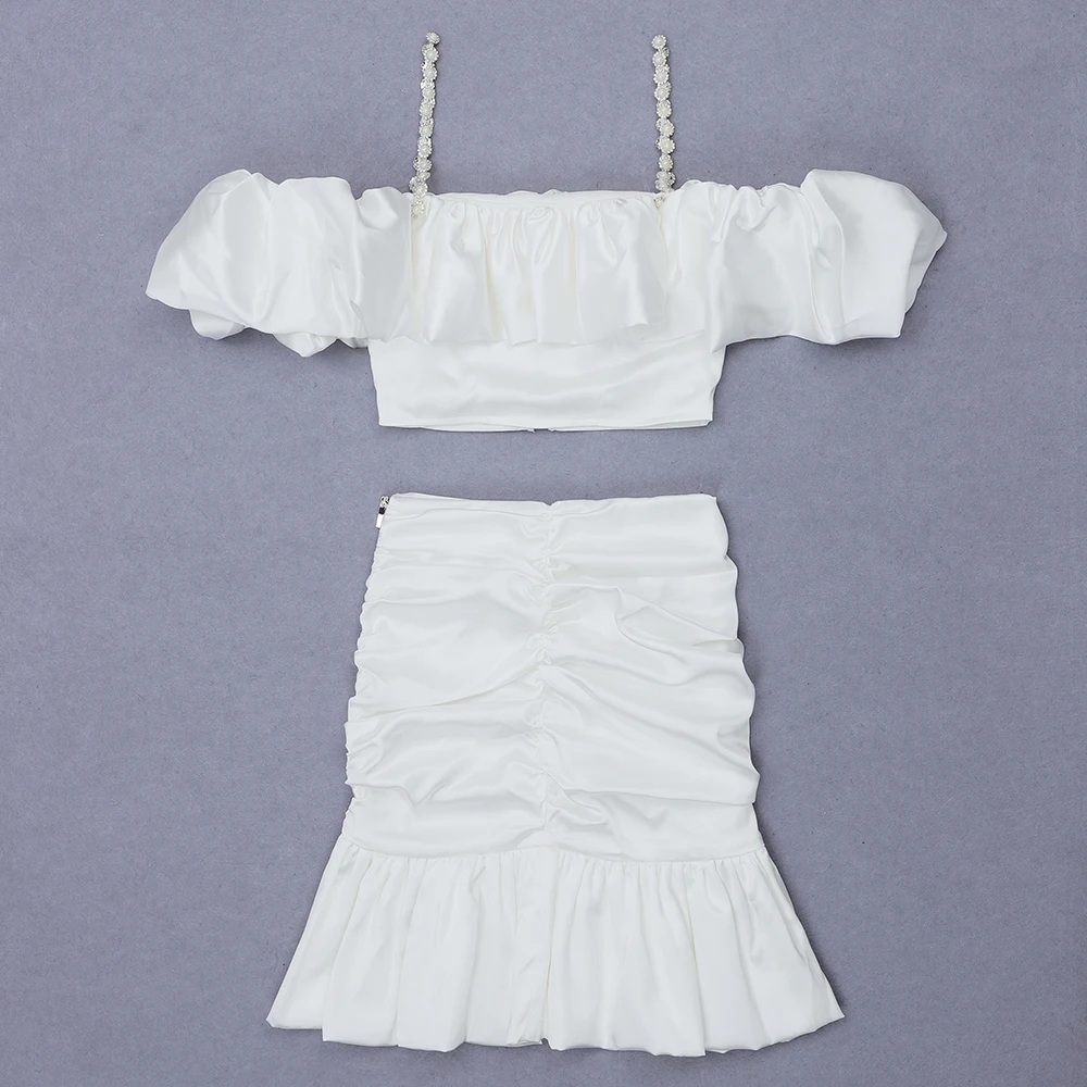 

Women Clothing Set 2020 Sexy Designer Beading White Two Pieces Set Party Celebrity Bandage Crop Tops Trumpet Skirts