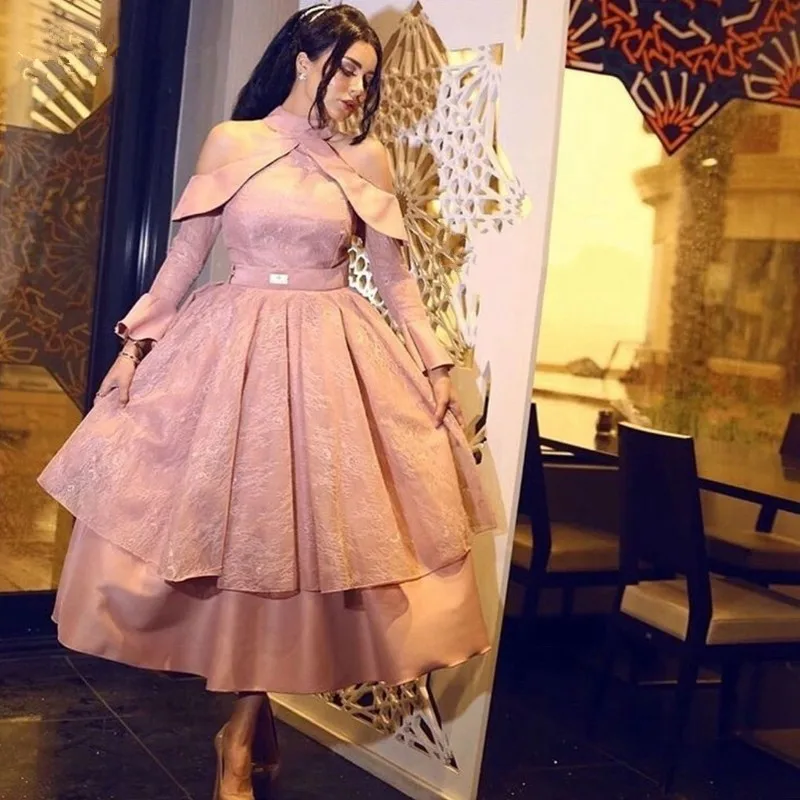 

Pink Muslim Evening Dresses Ball Gown Halter Tea Length Lace Tiered Dubai Saudi Arabic Long Evening Gown