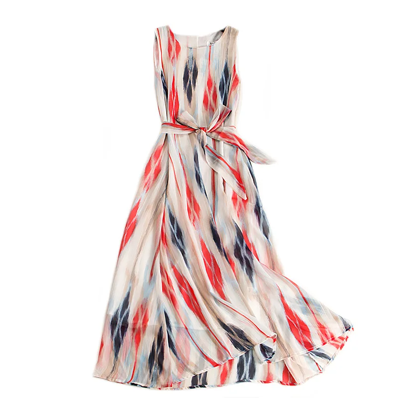 

2021 New Arrival Striped Maxi Chiffon Summer Dress Women Loose Sleeveless Long Beach Dresses Elegant Sexy Vestidos