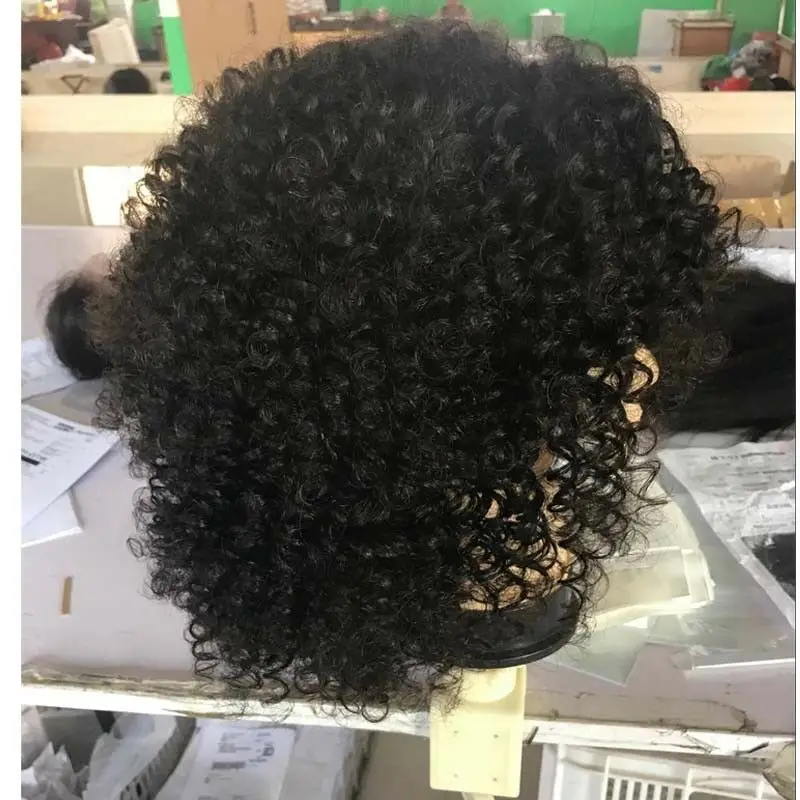 

Remy Malaysian Kinky Curly Short Human Hair Bob Lace Front Wigs with Bangs for Black Women 150% Density