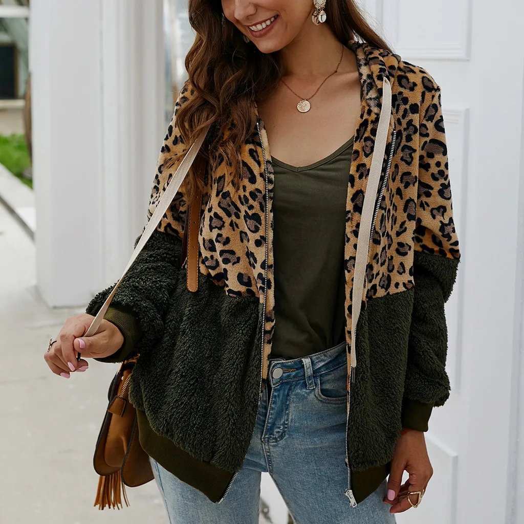 JAYCOSIN Autumn Jackets Women Leopard Print Patchwork Faux Fur Fleece Long Sleeves Cardigan Zipper Keep Warm Coat dropshipping | Женская