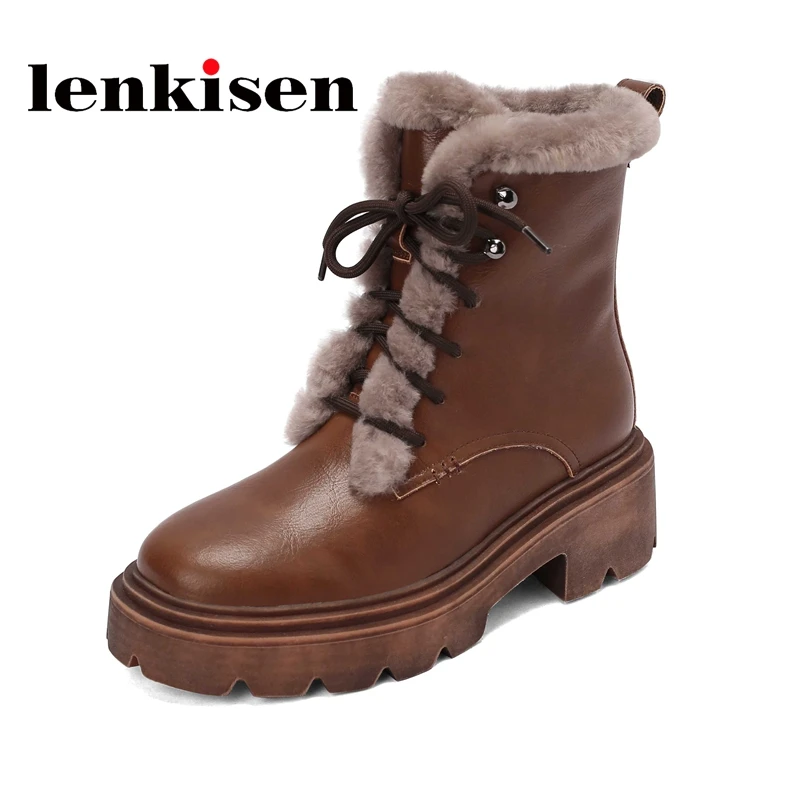 

Lenkisen genuine leather round toe high heels snow boots wool keep warm winter basic cross-tied fashion girls ankle boots L19