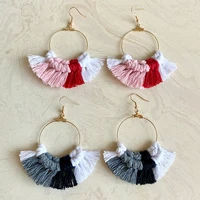 handmade rainbow macrame natural wooden earrings for women boho ethnic style wood fringe tassel cotton earrings wholesale