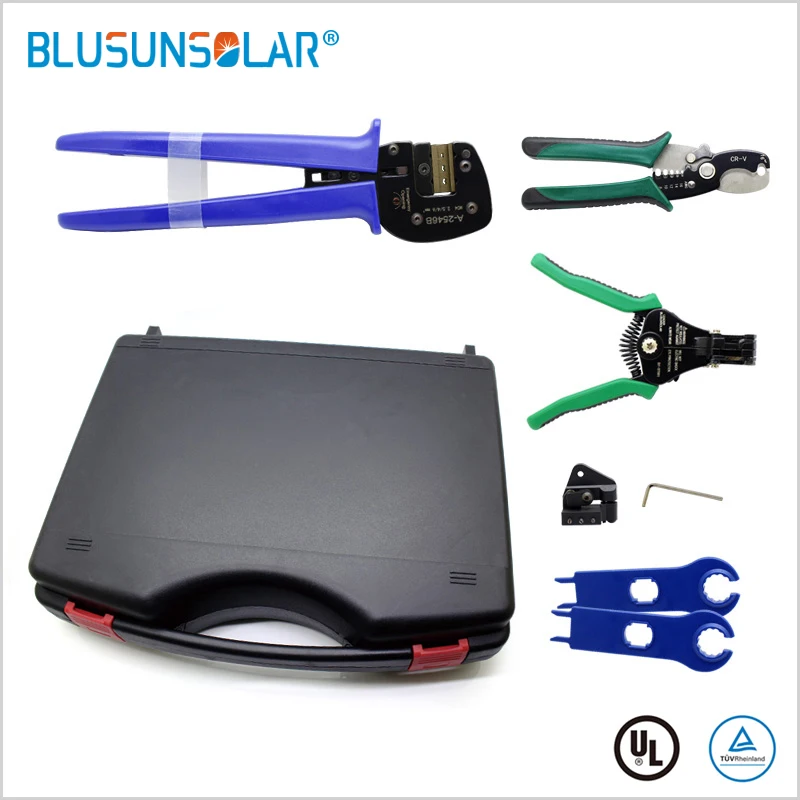 BULSUNSOLAR 1 Set Solar Wire Tool Kit Crimping &Cutter& Striping Tool with Solar Connector Spanner Wrench Plastic Box TB003