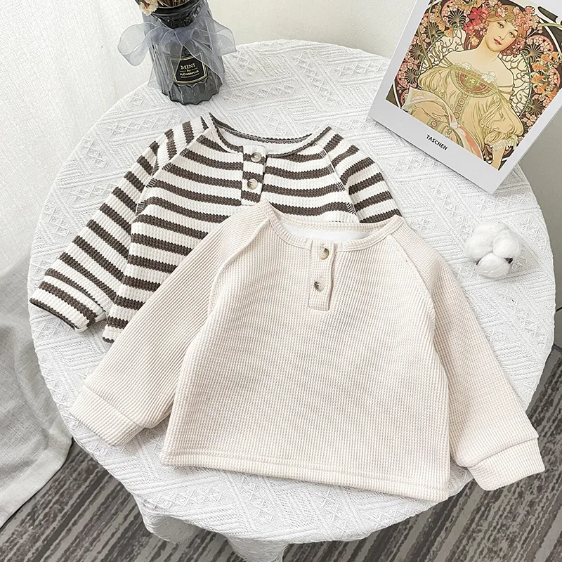 

Зимняя Милая одежда в полоску для маленьких девочек и мальчиков 2021, одежда с вафельным круглым вырезом для новорожденных, однотонные свитшоты с длинным рукавом для малышей