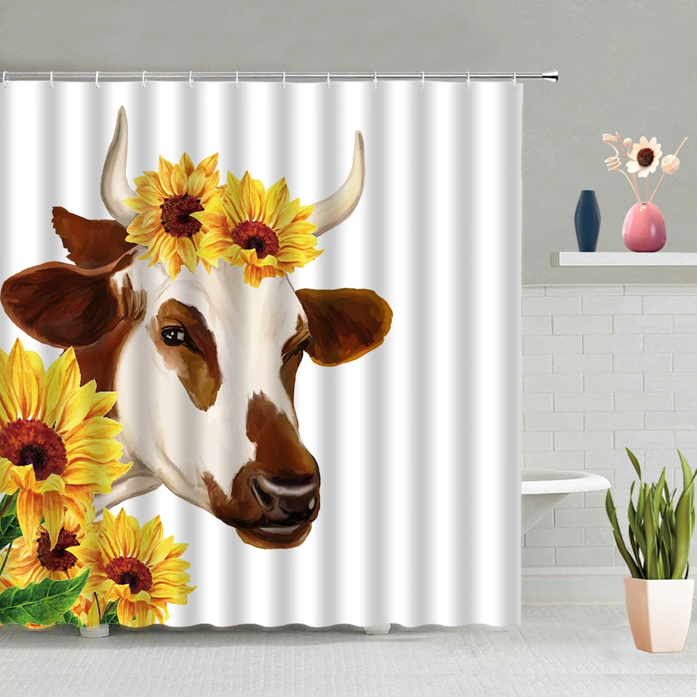

Cows Sunflower Flower Simple Background Decoration Bathroom Accessories Partition Screen Waterproof Polyester Fabric With Hooks