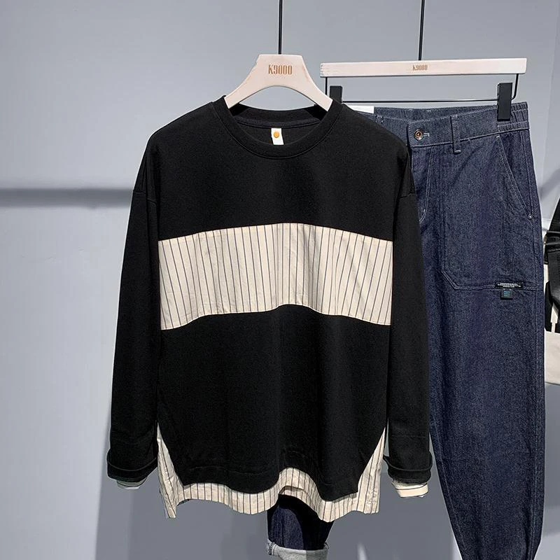 

Striped Patchwork Fashion Side Slit Fake Two Spring Fall Men T Shirts Long Sleeve 2022 Trend Vintage Oversized Harajuku Tops New