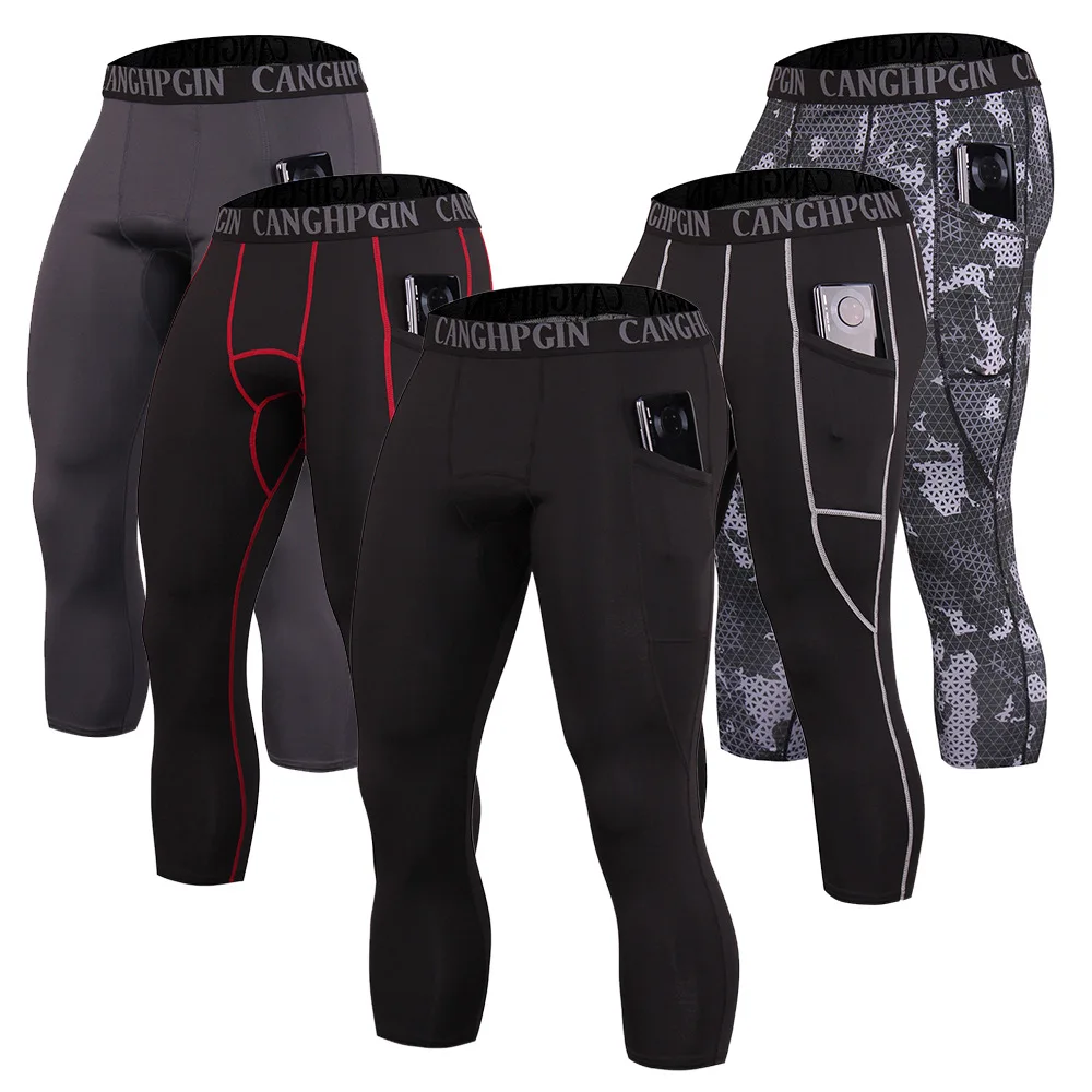 

Summer Solid Color Stretch Fitness Pants Men's Basketball Running Training Compression Tight Cropped Jogging Pants Men