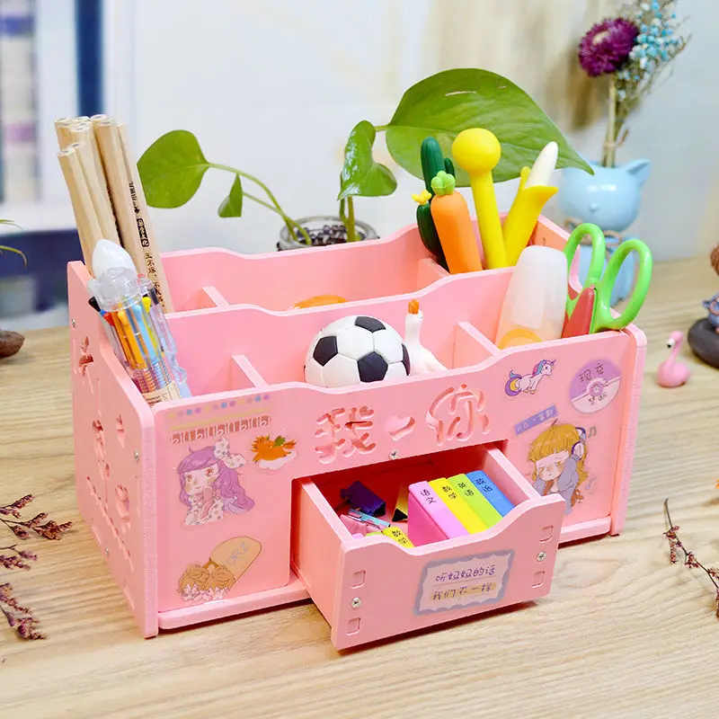 

1PC Wooden Plastic Cute Multifunction Mobile Tray Desk Organizer Dual Use Pen Holder Office Stationery